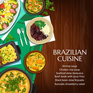 Brezilya mutfağı vektörü siyah fasulye yahnisi feijoada, sığır güveci picadinho de carne, karides çorbası ve deniz ürünleri yahnisi. Tavuklu pilav çorbası, avokado çilekli salata ve patates kızartması posterli biftek.