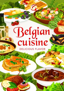 Belçika yemekleri vektör eti, deniz ürünleri ve sebze yemekleri. Biftekli karbonat, midye ve kuşkonmaz, ekmek, fındıklı waffle ve pirinç keki, ton balığı salatası ve mantar kremalı çorba.