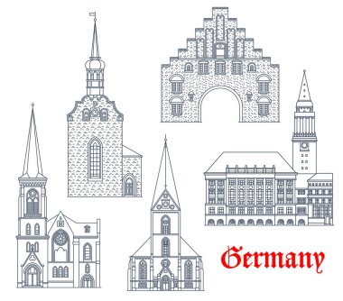 Germany landmarks, architecture buildings vector icons, German Schleswig Holstein cities cathedrals. St Nikolai church, Heiliggeistkirche and Marienkirche, Nordertor gate in Flensburg and Kiel rathaus clipart