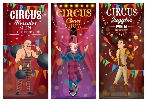 Circus Clown Jongleur Sterke Vectorfiguren Top Tent Tekenfilm Artiesten Die — Stockvector