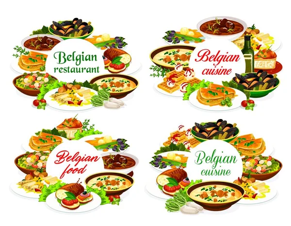 Βελγική Κουζίνα Τροφίμων Διανυσματικά Πιάτα Εστιατόριο Βοδινό Στιφάδο Καρμπονάδα Πατατοσαλάτα — Διανυσματικό Αρχείο