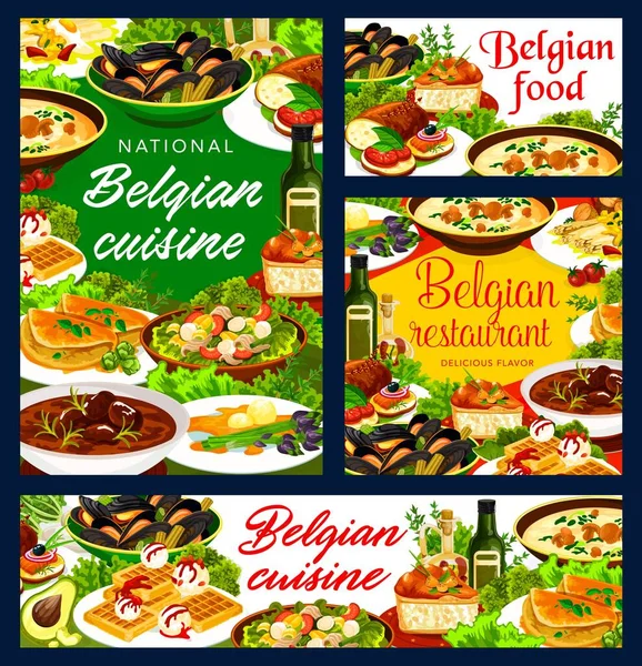 Belgische Keuken Restaurant Voedsel Vector Banners Rundvleesstoofpot Mosselen Wafels Aardappeltonijnsalade — Stockvector