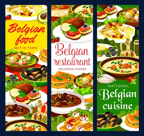 Cocina Belga Restaurante Vector Banderas Carne Mariscos Alimentos Vegetales Con — Vector de stock