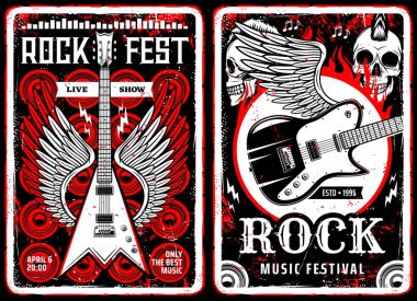Hard rock müziğinin klasik el ilanları. Heavy Metal canlı gösteri posterleri şablonu. Kanatlı elektro gitarlar, punk mohawk saç stili insan kafatasları ve alev püskürten vektör ve tipografi.