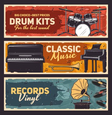 Müzik aletleri retro afişler satıyor. Vinil diskler, davul takımı ve büyük piyano, trompet, antika fonograf veya gramofon oymalı vektör. Klasik müzik ve vinil plak posterleri.