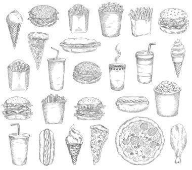 Fast food yemekleri, içecekler ve abur cubur skeçleri. Hamburger, sosisli ve taco, patates kızartması ve patlamış mısır kovası, pizza, tavuk budu ve sıcak çay veya kahve, dondurma, soda oymalı vektörler.