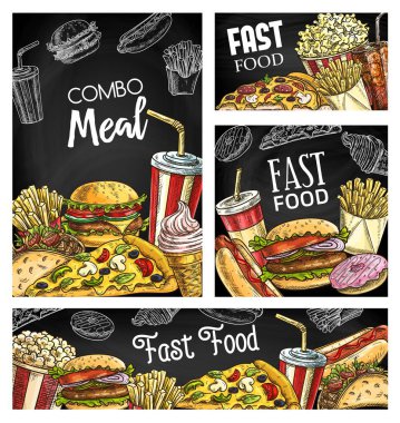 Fast food yemekleri ve karatahta çizim pankartları. Hamburger, patates kızartması ve pizza, sosisli, taco ve çörek, waffle külahında dondurma, patlamış mısır ve soda bardağı vektörü. Fast food afişi.