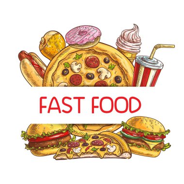 Fast food taslak çizimi vektör burger, tavuk budu ve sosisli, soda, dondurma külahı ve mantarlı, salamlı ve domatesli pizza veya tatlı çörek. Üzerine sokak yemekleri işlenmiş afiş.