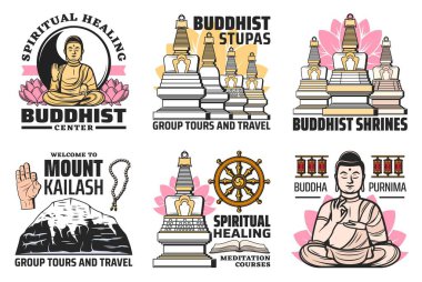 Budizm dini vektör simgelerini simgeler. Budist sembolik boncuklar, stupa, Tibet Kailash dağı, lotus, dua tekerlekleri. Buda heykeli, Dharma çarkı, grup turları ve izole çizgi film etiketleri.