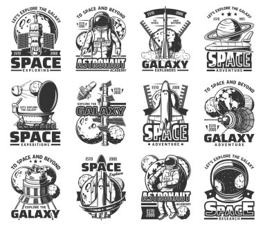 Outer space and galaxy exploration, astronauts icons, vector universe spaceship rockets. Galaxy universe explorers and astronauts academy, Moon, Saturn and Jupiter cosmic station expeditions clipart