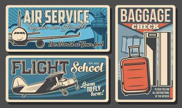 Service Aérien École Vol Bannières Vectorielles Rétro Contrôle Des Bagages — Image vectorielle