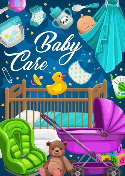 Babyverzorgingsproducten Kleding Speelgoed Kinderwagen Kinderwagen Bed Autostoel Bad Radio Babysitter — Stockvector