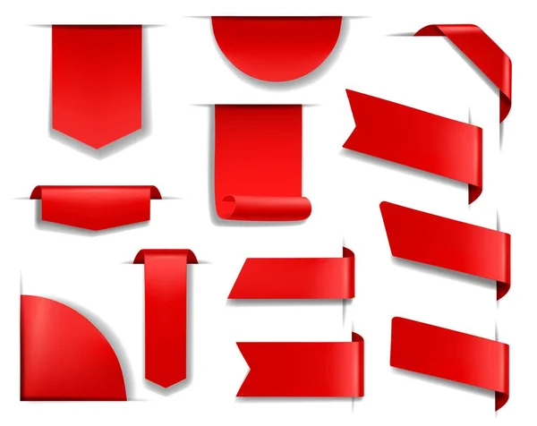网页的红色横幅和标签 促销设计元素 页面顶部 侧面和角落空白红色书签 纸张或织物徽章模板和色带标志3D现实向量集 — 图库矢量图片