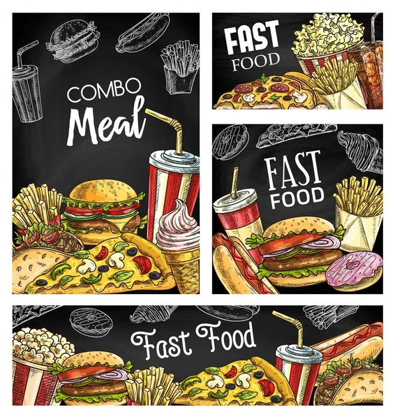 Fast Food Maaltijden Drankjes Krijtbord Schets Spandoeken Hamburger Frietjes Pizza — Stockvector