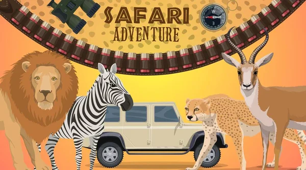 Safari Avonturenvector Banner Met Wilde Afrikaanse Dieren Cartoon Leeuw Cheeta — Stockvector