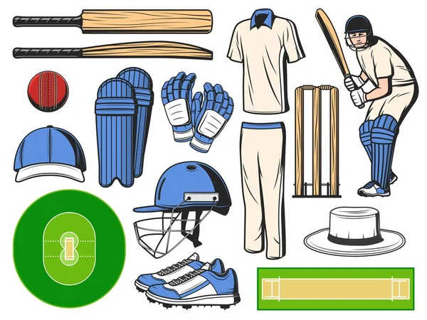 Cricket equipment, sport icons of ball, bat and wicket, vector game items. Cricket equipment and player garment accessory, stadium field, protective helmet, stump, pitch and cricketer batsman outfit