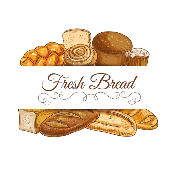 Frisches Brot Und Gebäck Vektor Skizzenrahmen Bäckerei Brötchen Weizen Und — Stockvektor