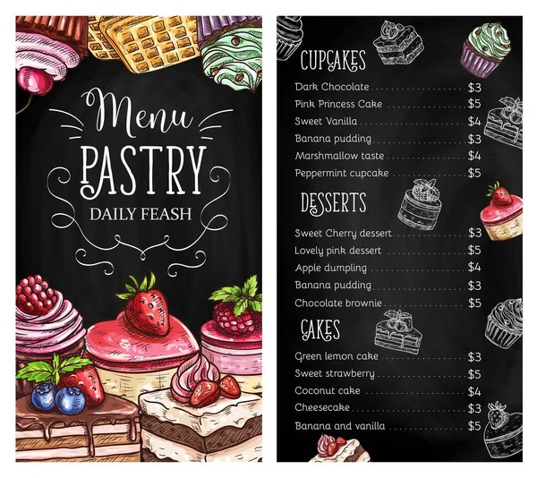 Banketbakkerij Dessert Krijtbord Menu Pagina Sjabloon Taart Cupcake Muffins Met — Stockvector