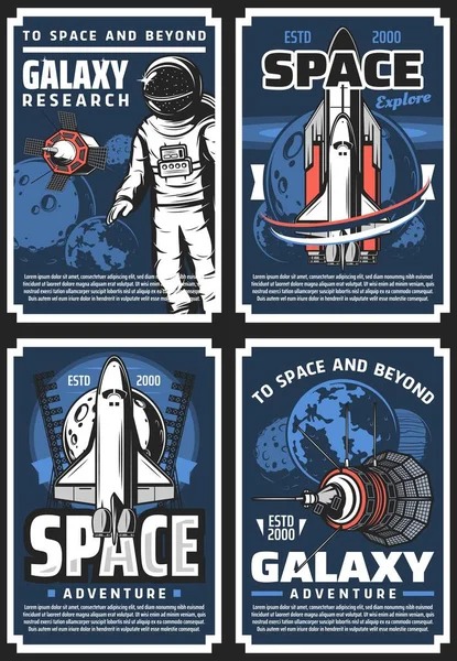 Buitenruimte Avontuur Galaxy Onderzoek Retro Vector Posters Kosmonaut Satelliet Shuttle — Stockvector
