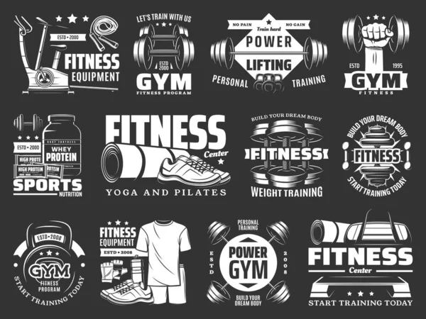 Gym fitness training, sport equipment shop icons. Sport nutrition protein, yoga and pilates center, power and weight training, fitness clothing store badge. Dumbbell, barbell and exercise bike vector