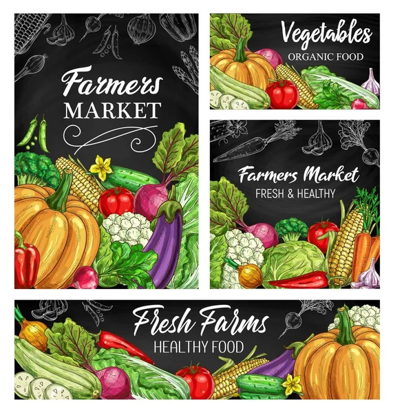 Esboços Vetoriais Vegetais Quadro Negro Design Alimentos Frescos Fazenda Produtos — Vetor de Stock