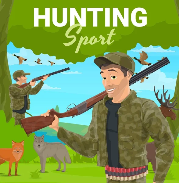 Trophée Chasse Aux Animaux Sport Personnage Chasseur Uniforme Camouflage Visant — Image vectorielle