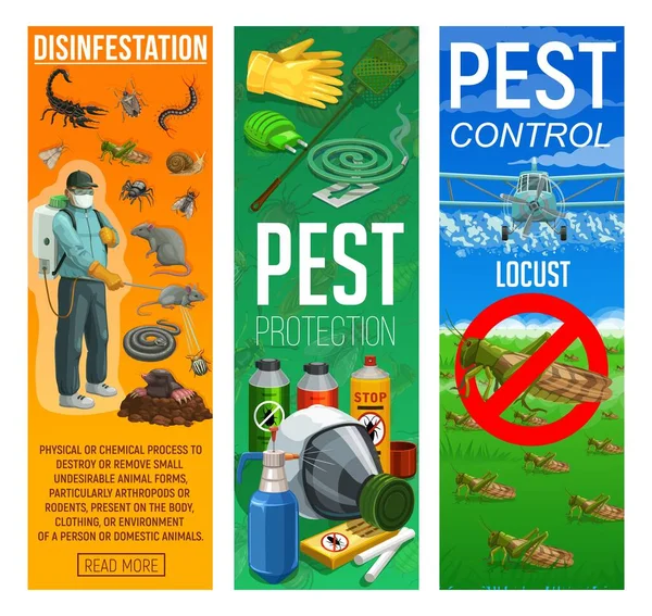 Deratization Disinfection Rodents Insects Pests Control Banners Pest Control Worker — Stock Vector