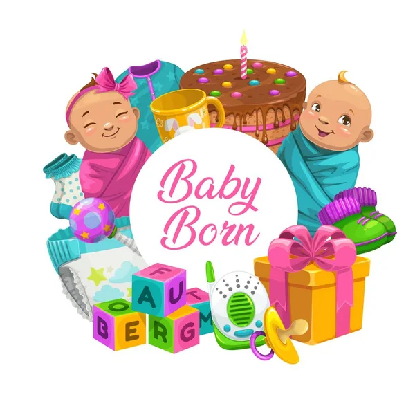 Baby Geboren Cartoon Vector Ronde Banner Met Pasgeboren Kinderen Jongen — Stockvector