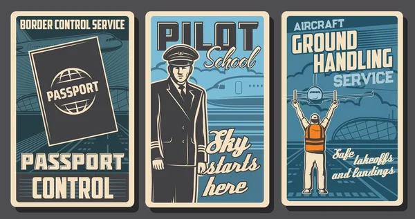 Havacılık Vektör Retro Posterleri Yolcu Havayolları Pasaport Sınır Kontrol Servisi — Stok Vektör