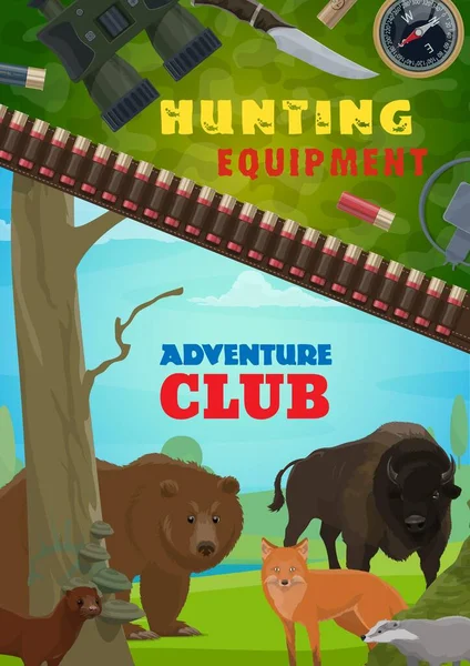Hunting Equipment Adventure Club Vector Poster Cartoon Hunter Ammo Knife — Stock Vector