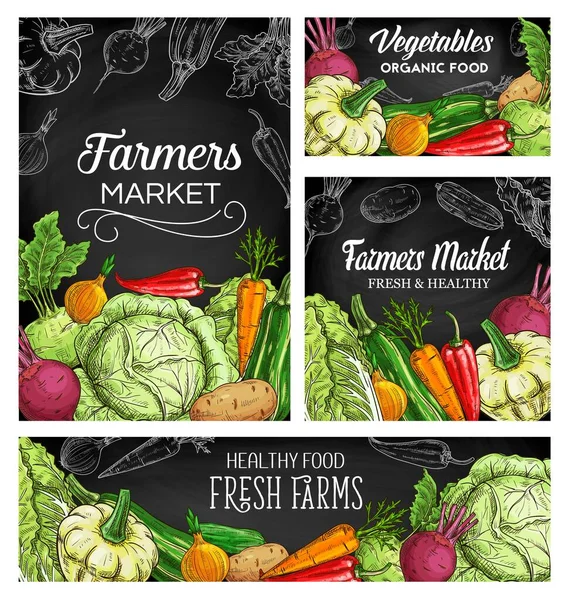 Farmer Vegetables Vector Sketch Posters Squash Chili Pepper Lettuce Beetroot — Stock Vector