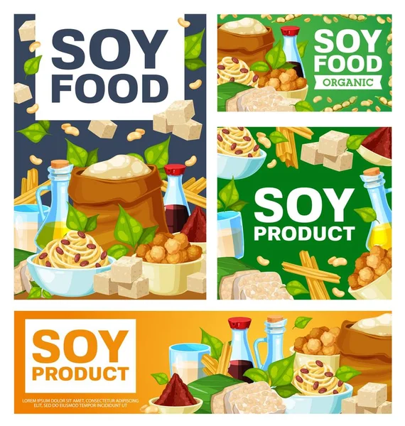 Soy Food Meals Organic Soybean Products Banners Soy Sauce Oil — Stock Vector