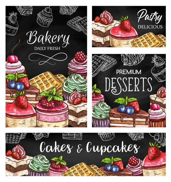 Gâteaux Cupcakes Esquissent Des Affiches Vectorielles Des Desserts Pâtisserie Des — Image vectorielle