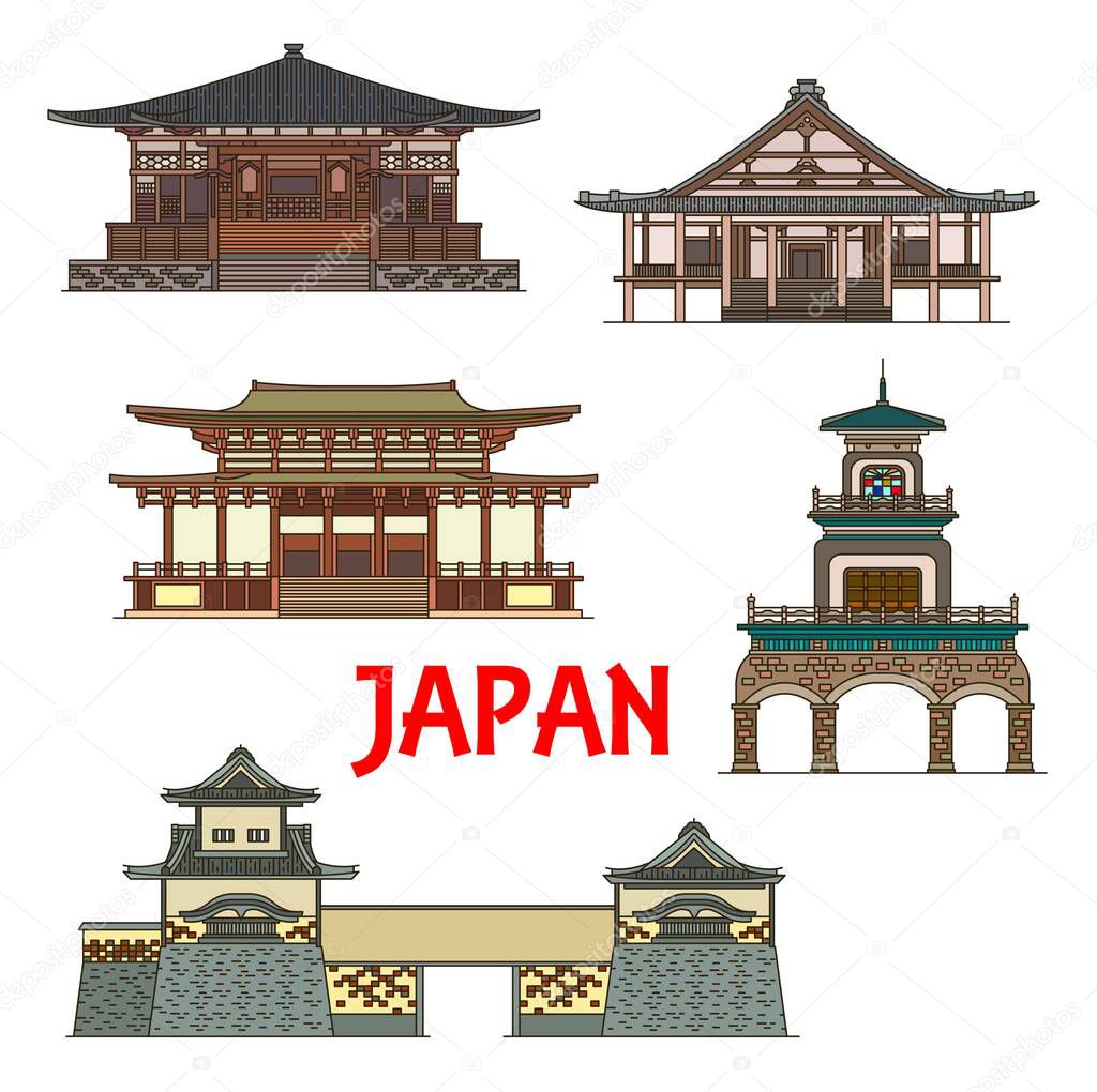 Japan landmarks and temples, Japanese towers, gates and pagodas, vector icons. Muro-ji temple in Uda Nara, Shoren-ji in Takayama, Oyama Shrine, Narita-san and Ishikawa-mon of Kanazawa-jo castle