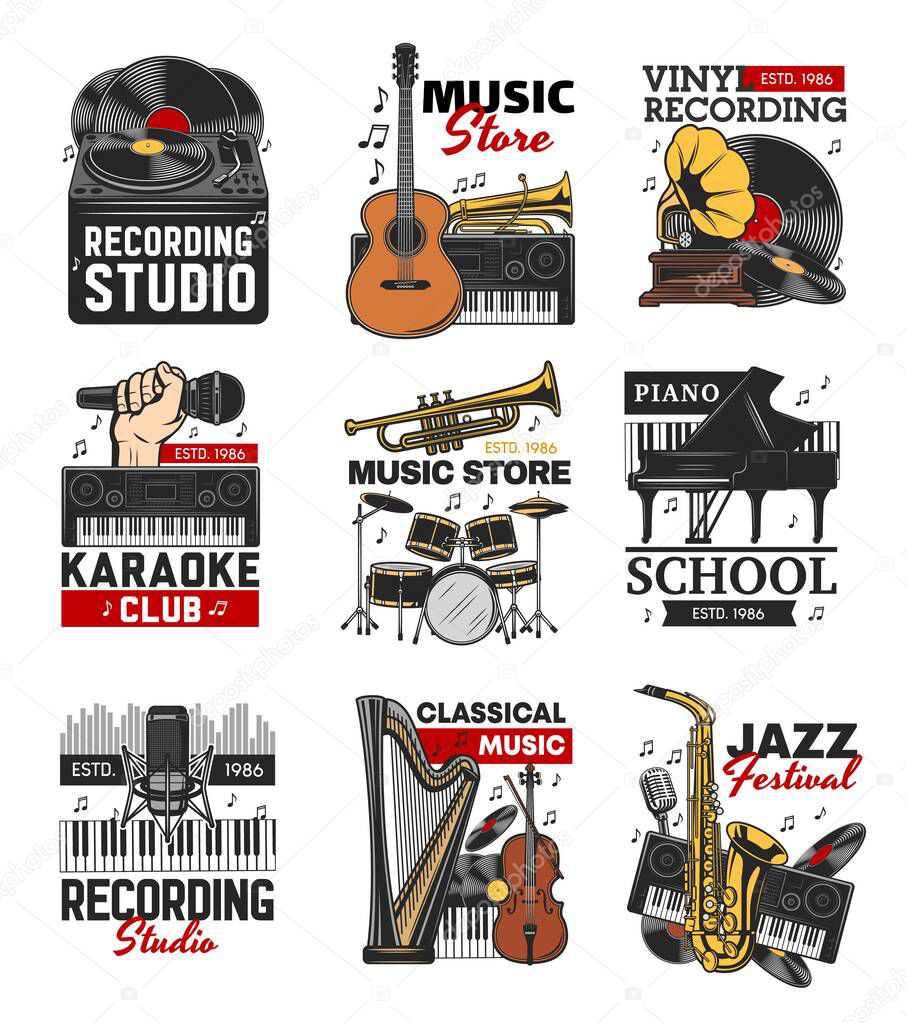 Music isolated icons with vector musical instruments, microphones, vinyl records and vintage gramophone. Piano, drum, guitar and saxophone, record player, tube, harp and trumpet retro symbols, emblems