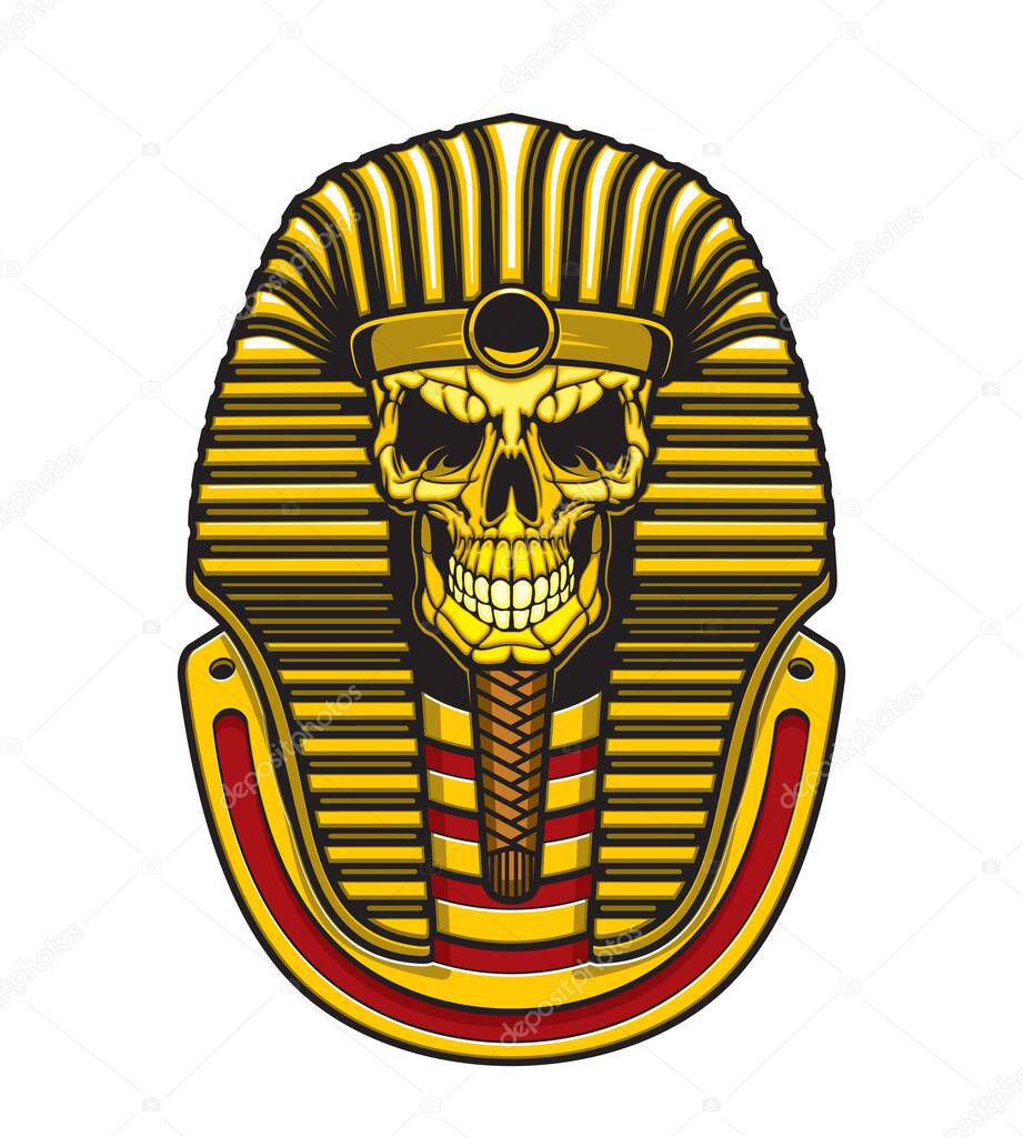 Egyptian pharaoh skull vector design with gold mask of Ancient Egypt king. Death mummy skeleton head of Tutankhamun with royal crown, striped nemes and braided beard, horror tattoo or t-shirt print
