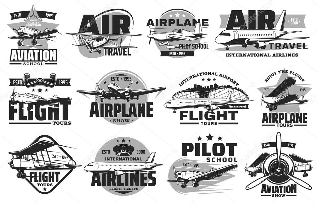 Pilot courses and flight tours icons set. Aviation show, international airline and flying school emblem or badge. Modern airliner and airport terminal, vintage propeller airplanes vector