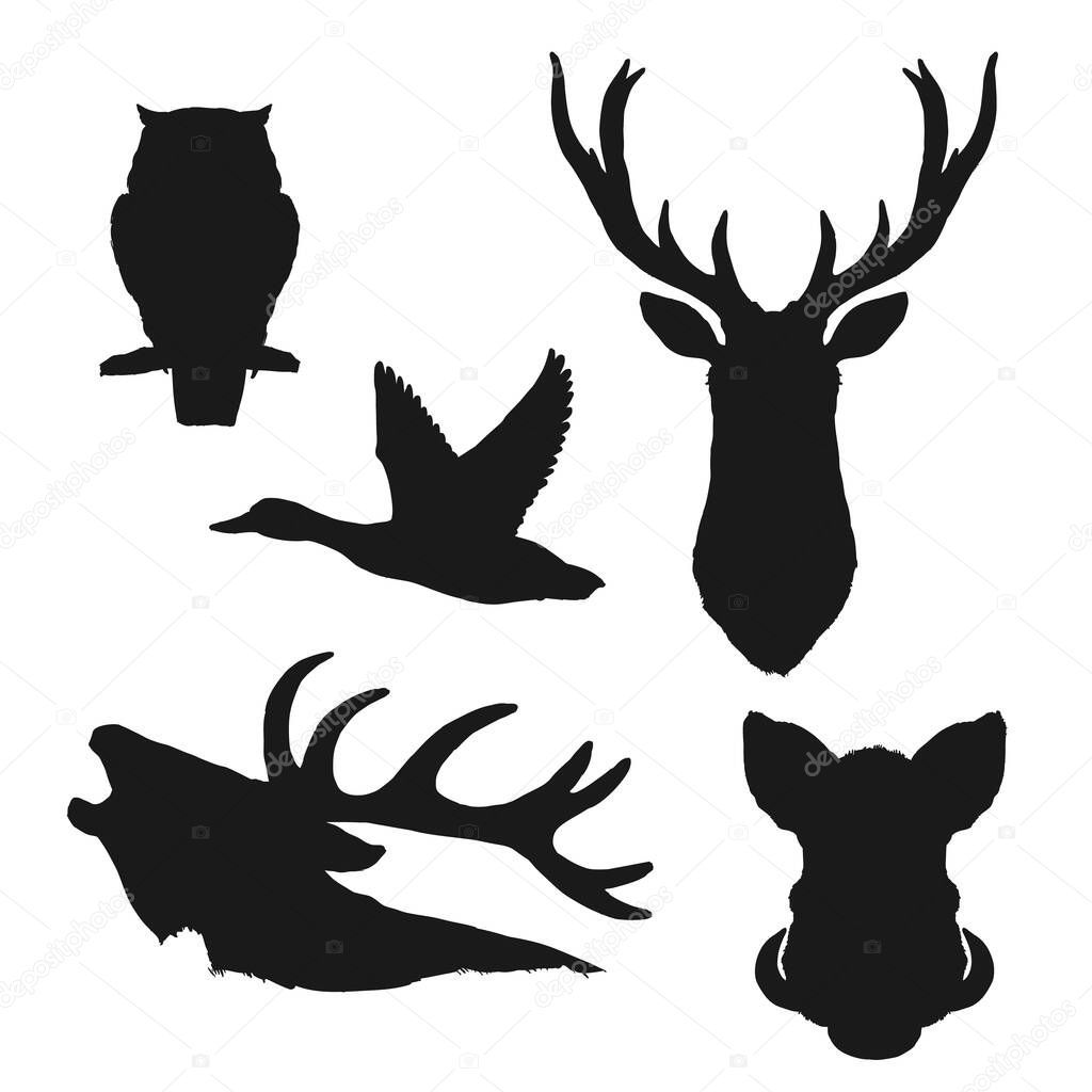 Wild animal and bird isolated black silhouettes of vector hunting sport and wildlife design. Deer head with antlers, duck, reindeer or elk, boar, owl, wapiti or moose, hunter trophy or zoo themes