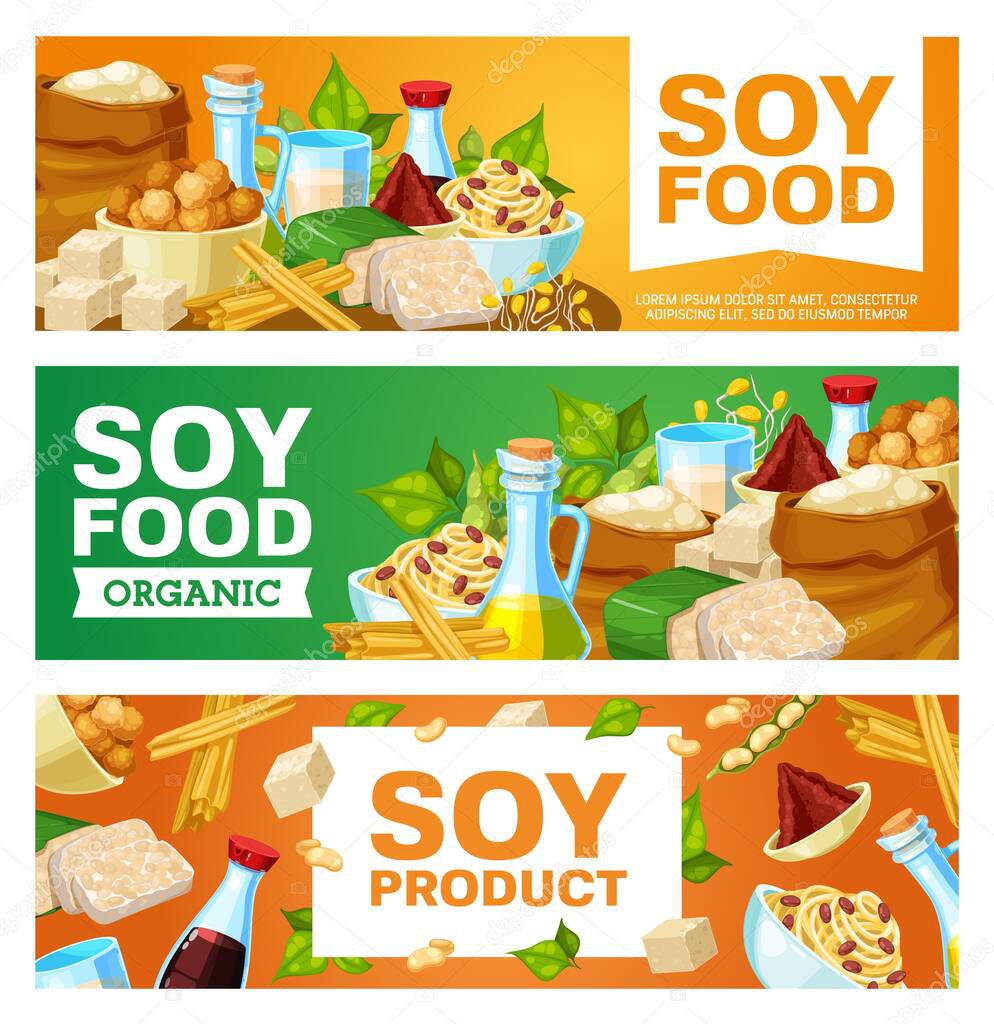 Organic soy food, vegetarian products banner. Soy meat, sauce and flour, milk, oil and spouts, miso paste or butter, tempeh, tofu skin and edamame carton vector. Soybean natural food shop posters