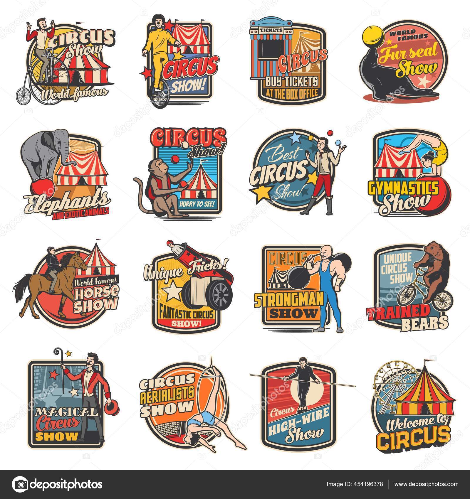 Festival Circo Carnaval Payasos Vector Iconos Retro Vintage Gran Circo  Vector de stock #454196378 de ©VectorTradition, image size:1600x1700