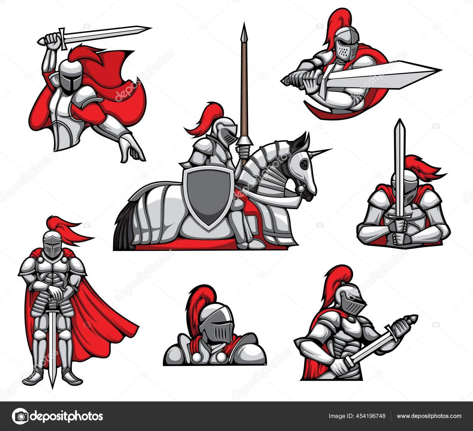 마스코트 전령관 캐릭터 갑옷을 나이트 망토와 헬멧을 휘두르는 방패와 창으로 스톡 벡터 - ©VectorTradition 454196748, image size:1600x1458