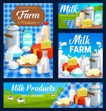 Süt ürünleri, süt ve tereyağı, peynir ve yoğurt, vektör. Tarım ve doğal organik süt ürünleri ve tarım gıda ürünleri, sürahi, tereyağı kreması ve yoğurtta süt sıçraması