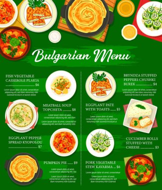 Bulgar mutfağı menü vektör kartı ve Bulgaristan yemekleri. Domates sebzeli domuz güveci, biber ve salatalık bryndza peyniri, köfte çorbası, balkabağı turtası, patlıcan ezmesi ve börek.
