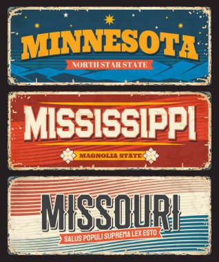 USA Mississippi, Minnesota ve Missouri Amerika plakaları ve vektör retro işaretlerini bildiriyor. Amerikan devletinin paslı metal plakaları şehir sloganı ve sloganı, ABD bayrağı ve grunge işareti