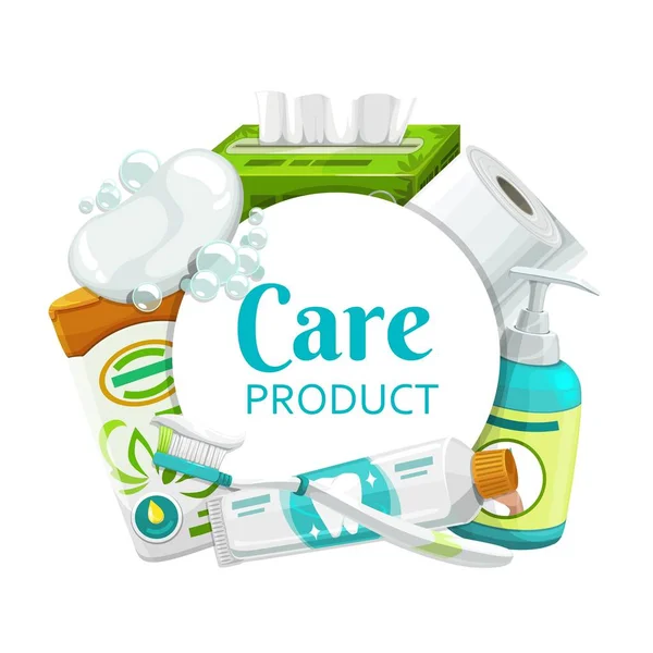 Hygiëne Gezondheidsproducten Rond Frame Vectorzeep Toiletpapier Shampoo Borstel Tandpasta Reinigingsdoekjes — Stockvector