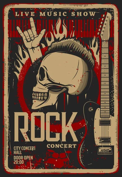 Musica Rock Live Convertire Retrò Volantino Poster Modello Teschio Umano — Vettoriale Stock