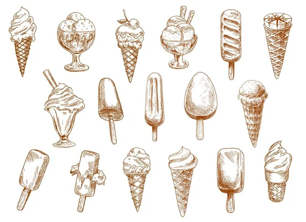 Sundae Gelato Sorbet Ijslolly Schetsset Ijs Wafelkegel Sundae Ballen Glazen — Stockvector