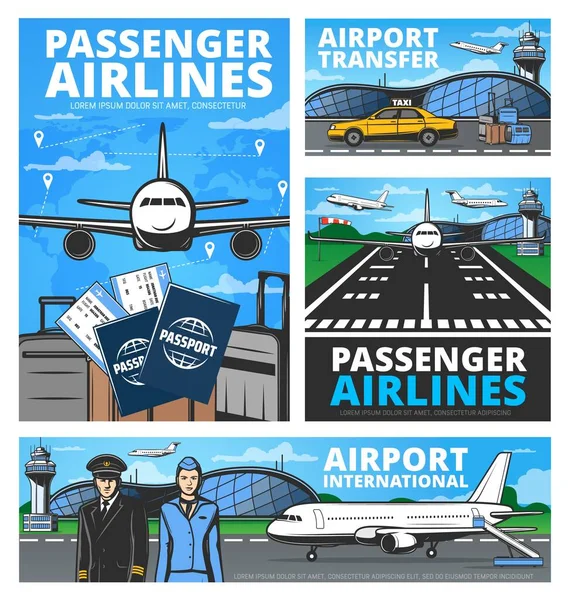 Luchtvaart Vector Retro Posters Passagiers Luchtvaartmaatschappijen Internationale Luchthaven Taxi Transfer — Stockvector