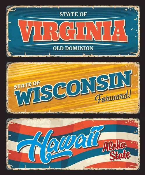 美国夏威夷州 美国弗吉尼亚州和威斯康星州的金属板 矢量复古标志 美国城市或州带有标语和标语的生锈金属板 美国地标旗和磨擦标志 — 图库矢量图片