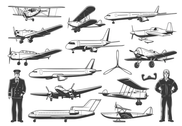 Modern Vintage Airplanes Civil Military Pilot Characters Passenger Airliner Business — Stock Vector